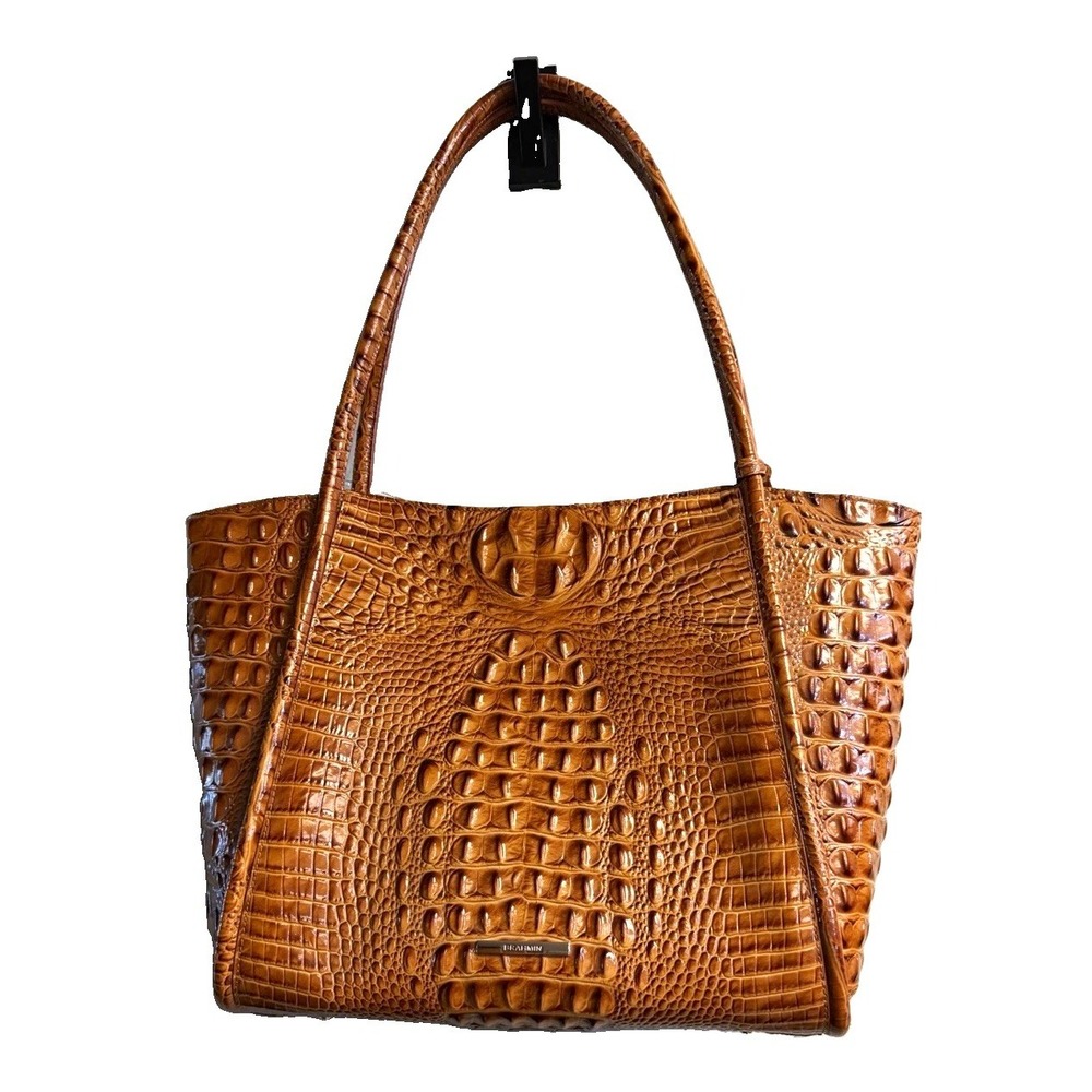 Brahmin Brown Croc Embossed Tote Bag Zip Top w/ Charm Studded Lined Pockets